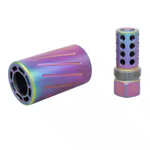 AR 300 Blackout Muzzle Comp with QD Blast Shield in Rainbow PVD Coating