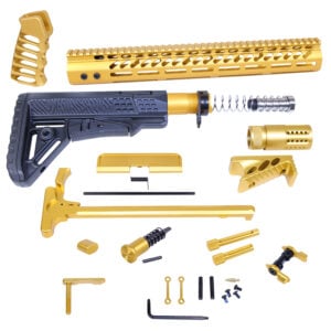 AR .308 rifle kit parts in gold and black with detailed designs.