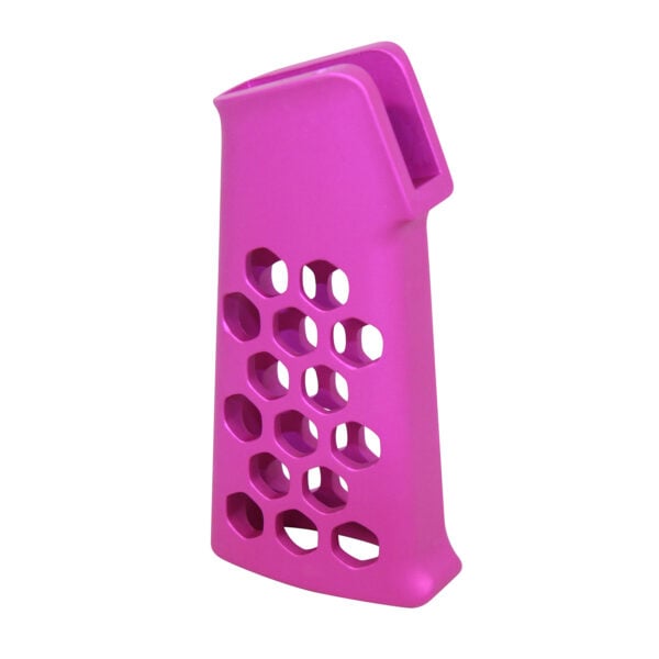 Anodized pink aluminum pistol grip with skeletonized hexagonal cutouts.