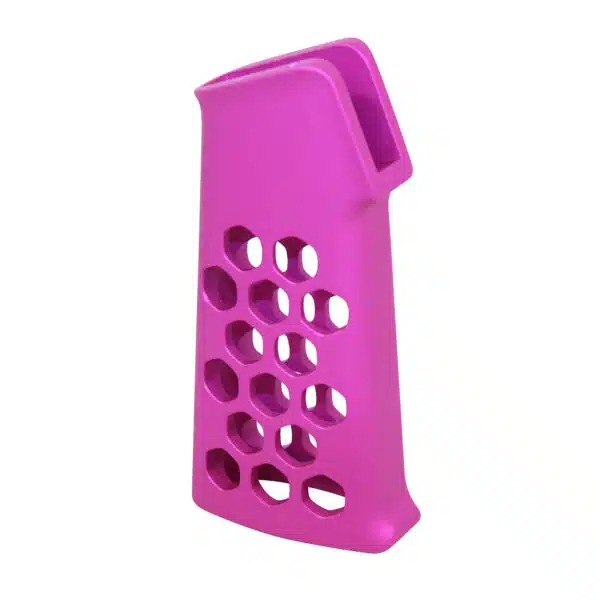 Anodized pink aluminum pistol grip with skeletonized hexagonal cutouts.