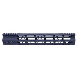 Sleek 12-inch black M-LOK free-floating handguard with geometric cutouts and top rail.