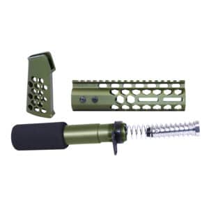 AR-15 Honeycomb Pistol Furniture Set in Anodized Green with Buffer Tube and Accessories.