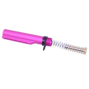 AR-15 pink anodized buffer tube assembly with spring and locking nut.