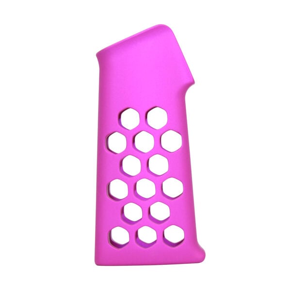 Pink aluminum pistol grip with hexagonal cutouts for lightweight, ergonomic design.