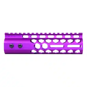 Anodized purple 7 M-LOK handguard with honeycomb design and top rail.