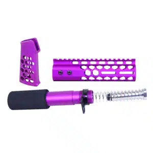 AR-15 pistol furniture set in anodized purple finish including skeletonized grip, honeycomb handguard, and buffer tube assembly.