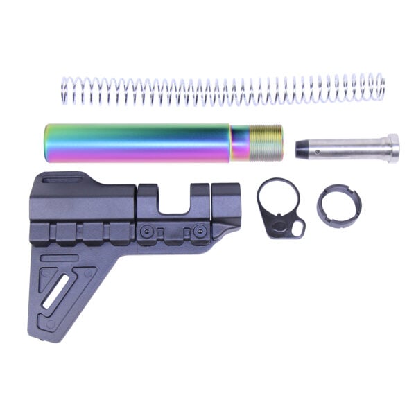 AR-15 pistol brace kit with matte rainbow finish on buffer tube.