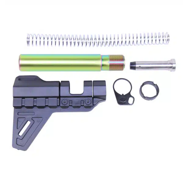 AR-15 pistol brace kit featuring stabilizing brace, buffer tube, and accessories on white background.