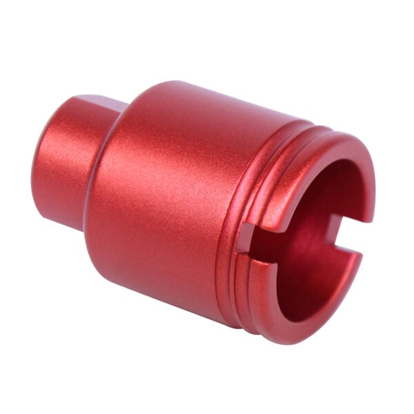 Red anodized 9mm stubby slim compact flash can, precision-engineered with sleek cylindrical design.