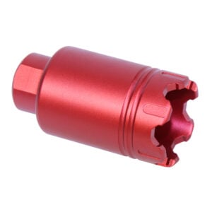 Red anodized AR .308 cal micro wire cutter flash can with hexagonal end and ridged grooves.