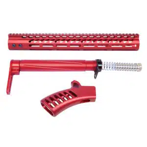 AR-15 furniture set in anodized red finish showing handguard, buffer tube assembly, and pistol grip.