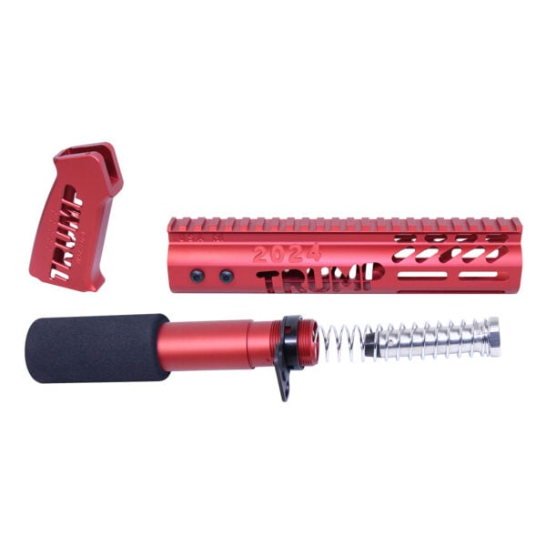 AR-15 Trump Series parts in anodized red with detailed components.