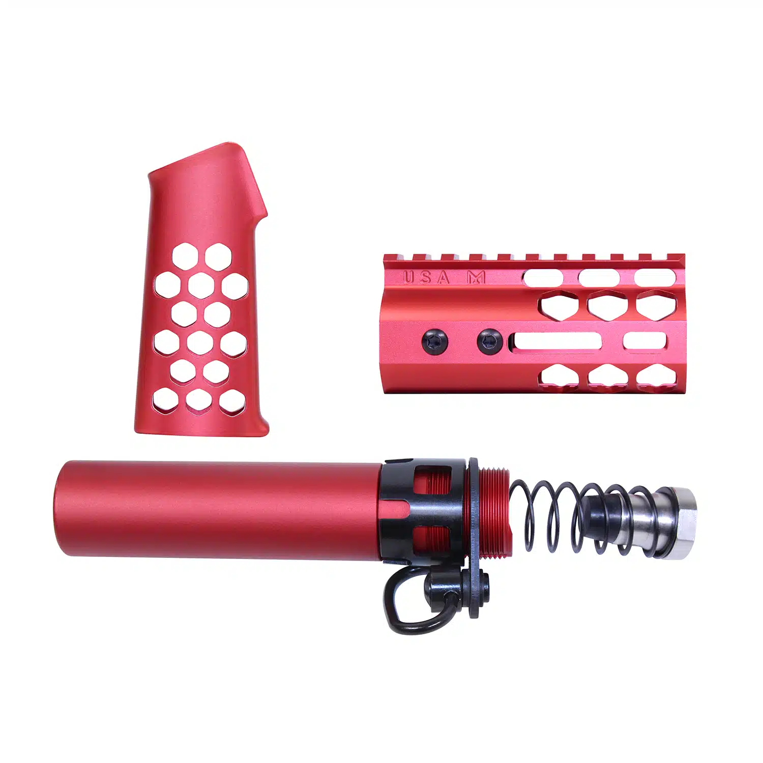 AR-15 Micro Honeycomb Pistol Furniture Set in Anodized Red finish with grip, handguard, and buffer tube.