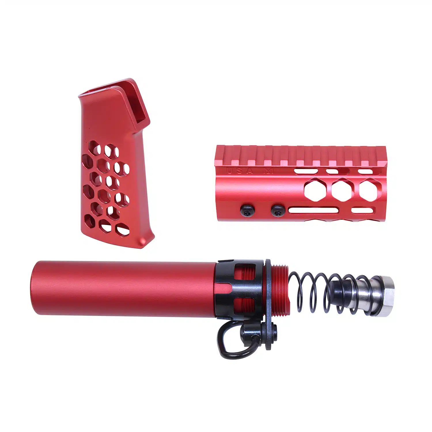AR-15 Micro Honeycomb Pistol Furniture Set in Anodized Red finish, including grip, handguard, and buffer tube.