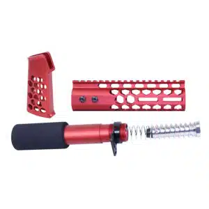 Anodized red AR-15 pistol furniture set including grip, handguard, and buffer tube components.