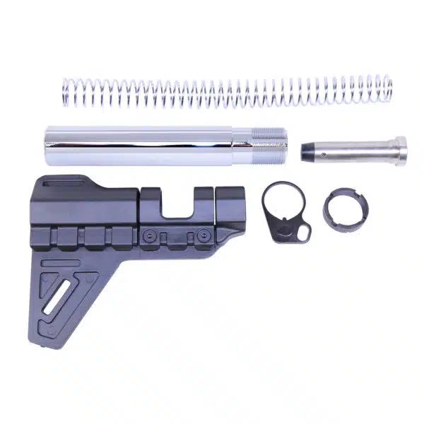 AR-15 pistol stabilizing brace kit with buffer spring, tube, and hardware in chrome.