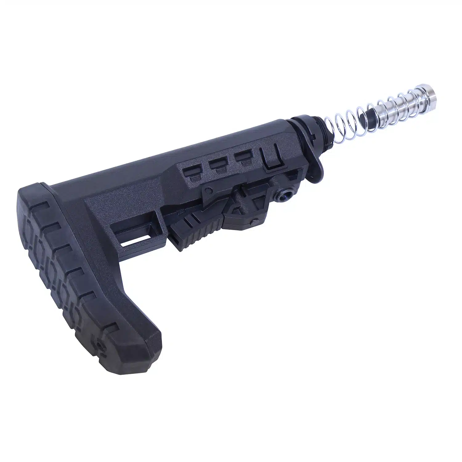 AR .308 Cal M.P.M. Stock in matte black finish with buffer tube and recoil spring visible