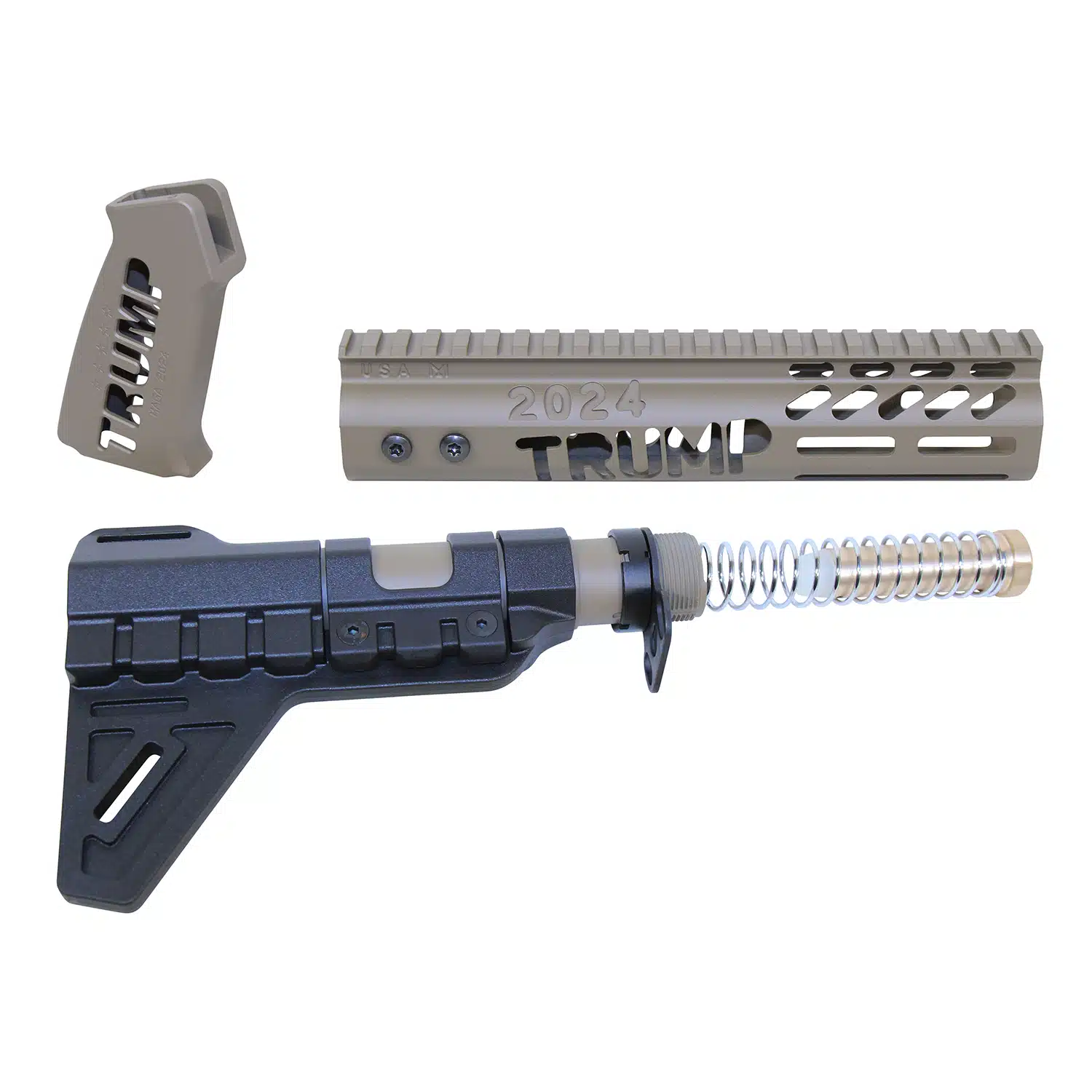AR-15 pistol furniture set in Flat Dark Earth and Black, including handguard, grip, and buffer tube kit.