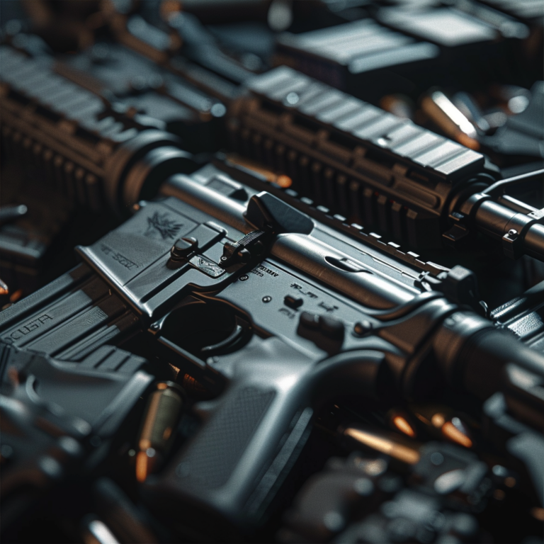 Close-up view of meticulously arranged 9mm AR platform rifles in a dim, dramatic setting.