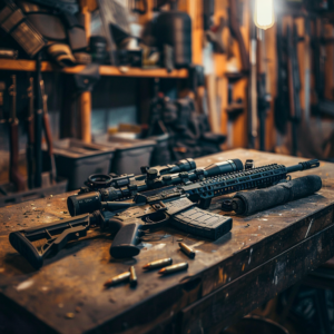 Disassembled AR-15 rifle and components on a gunsmiths workbench for maintenance.