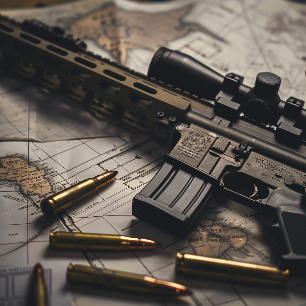 AR-15 rifle and ammunition on a map, symbolizing strategic hunting or tactical scenarios.
