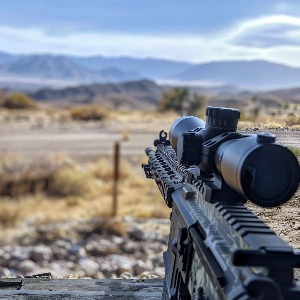 Tactical rifle with precision scope in arid outdoor setting, ready for long-range shooting.
