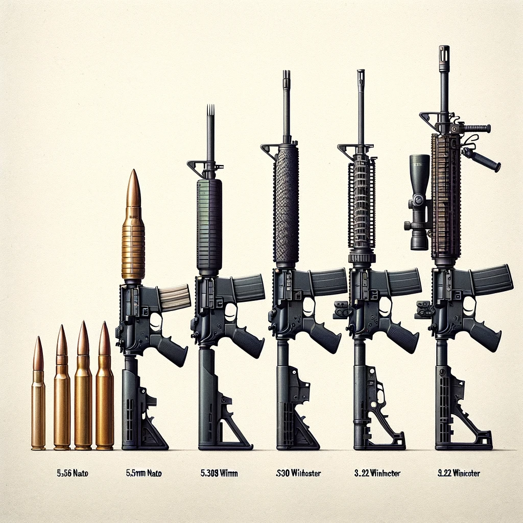 DALL·E 2024 05 14 04.38.57 An informative illustration depicting various AR 15 calibers lined up side by side for comparison. The image should feature realistic models of AR 15