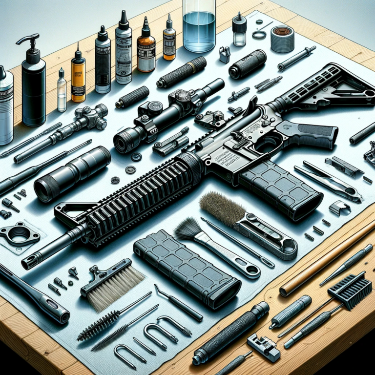 DALL·E 2024 05 14 04.56.46 A detailed illustration of an AR 15 disassembled for maintenance, showcasing various components laid out on a clean workbench. The image includes the