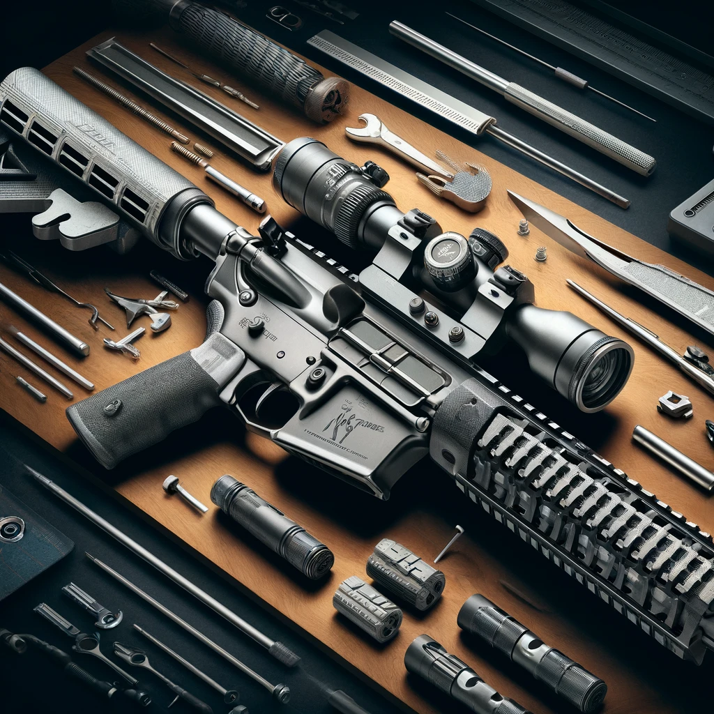DALL·E 2024 05 14 05.12.27 A detailed visual showcasing an AR 15 with intermediate customizations. The image features an AR 15 equipped with an upgraded trigger, a precision bar