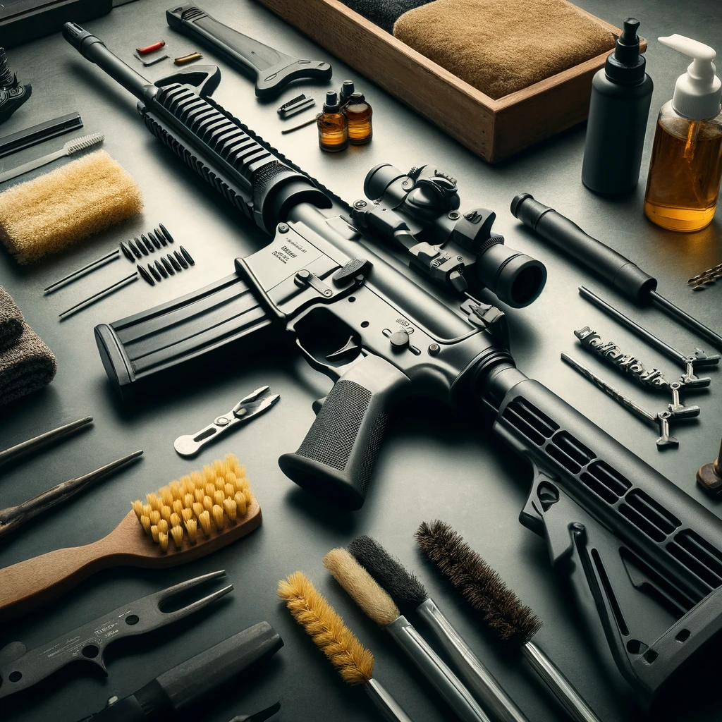 DALL·E 2024 05 22 07.46.57 Create an image for a blog titled 'Maintaining Your AR 15 Guide to Cleaning and Lubrication' for a website specializing in AR 15 accessories, parts,