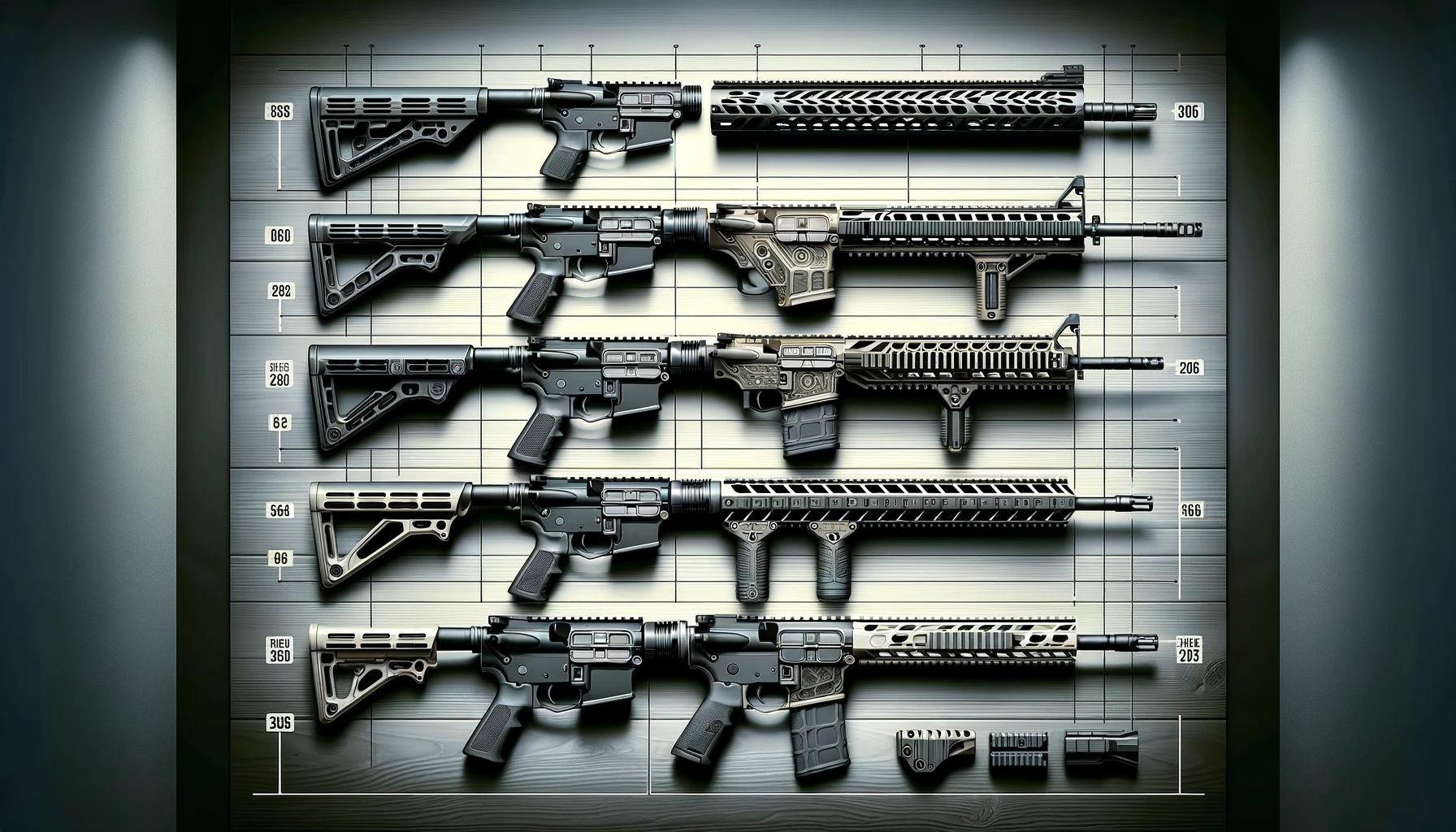 DALL·E 2024 05 22 07.53.57 A detailed image depicting the evolution of AR 15 handguards, starting from Picatinny to M LOK. The image should showcase various AR 15 handguards in