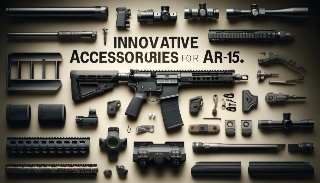 DALL·E 2024 05 22 08.26.22 A sleek and modern blog image showcasing innovative AR 15 accessories. The image should feature various high quality AR 15 parts, including custom upp