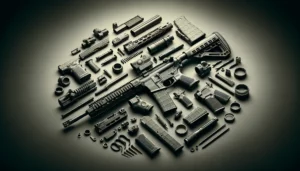 DALL·E 2024 05 22 10.30.07 An eye catching blog image for a firearms industry website. The image should prominently feature an AR 15 rifle with various accessories, parts, and u