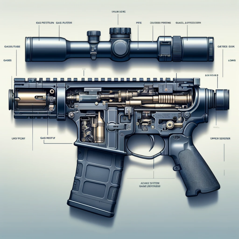 DALL·E 2024 05 22 10.49.12 A detailed illustration of an AR 15 rifle showcasing the gas system components. The image should highlight parts like the gas tube, gas block, and upp