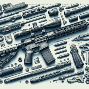 DALL·E 2024 05 22 11.00.58 A detailed illustration of a sleek and modern AR 15 rifle, surrounded by various high quality accessories and parts, such as scopes, grips, and upper