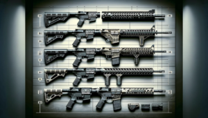 AR-15 rifles displaying handguard evolution, from Picatinny to M-LOK styles.