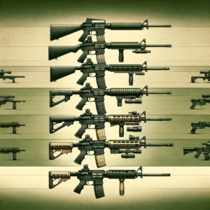 Timeline display of AR-15 rifles evolution, from 1950s military designs to modern customizations.