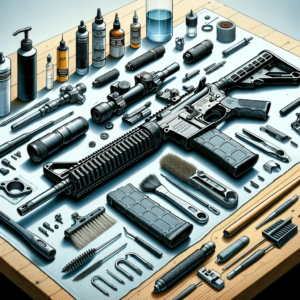 AR-15 rifle disassembled on workbench with maintenance tools for cleaning and repair.