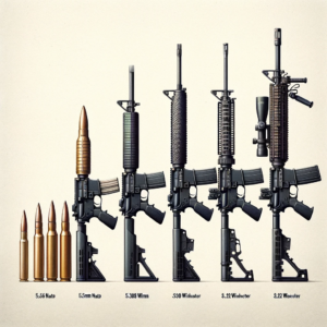 Lineup of AR-15 rifles with various calibers and corresponding ammunition.