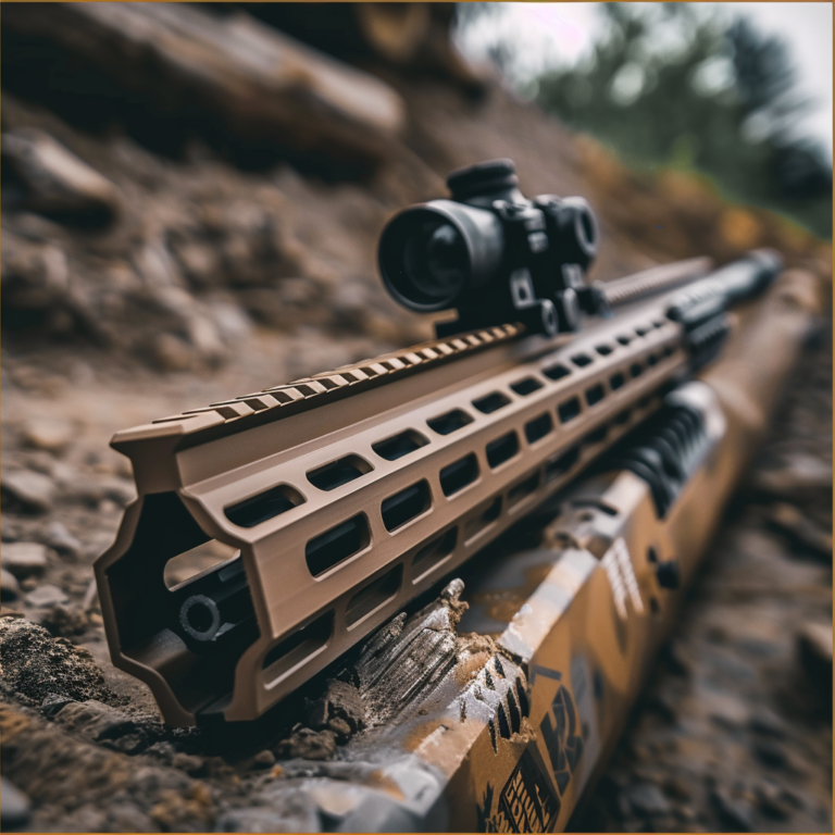 Desert camouflage tactical rifle with KeyMod handguard and scope on rugged terrain.