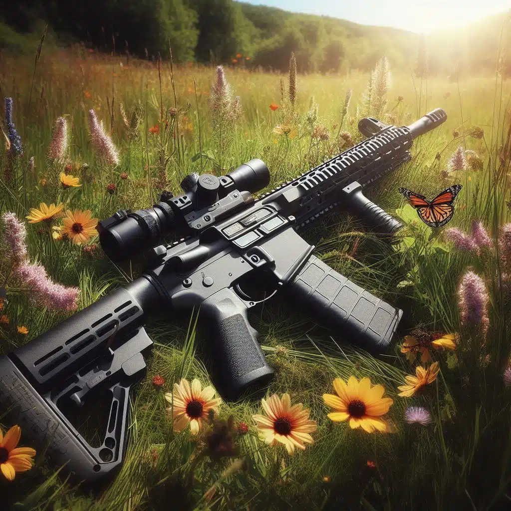 Modern assault rifle with scope in grassy meadow at sunset.