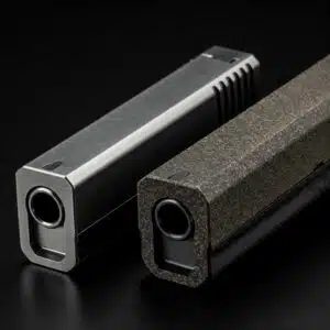Firearm suppressors: sleek silver vs. textured black; precision engineering; sound reduction technology.