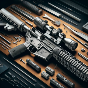 Organized AR-15 rifle toolkit with upgraded trigger and precision tools on wooden surface.