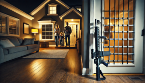 Cozy living room with family, security door, and prominently displayed AR-15 rifle.