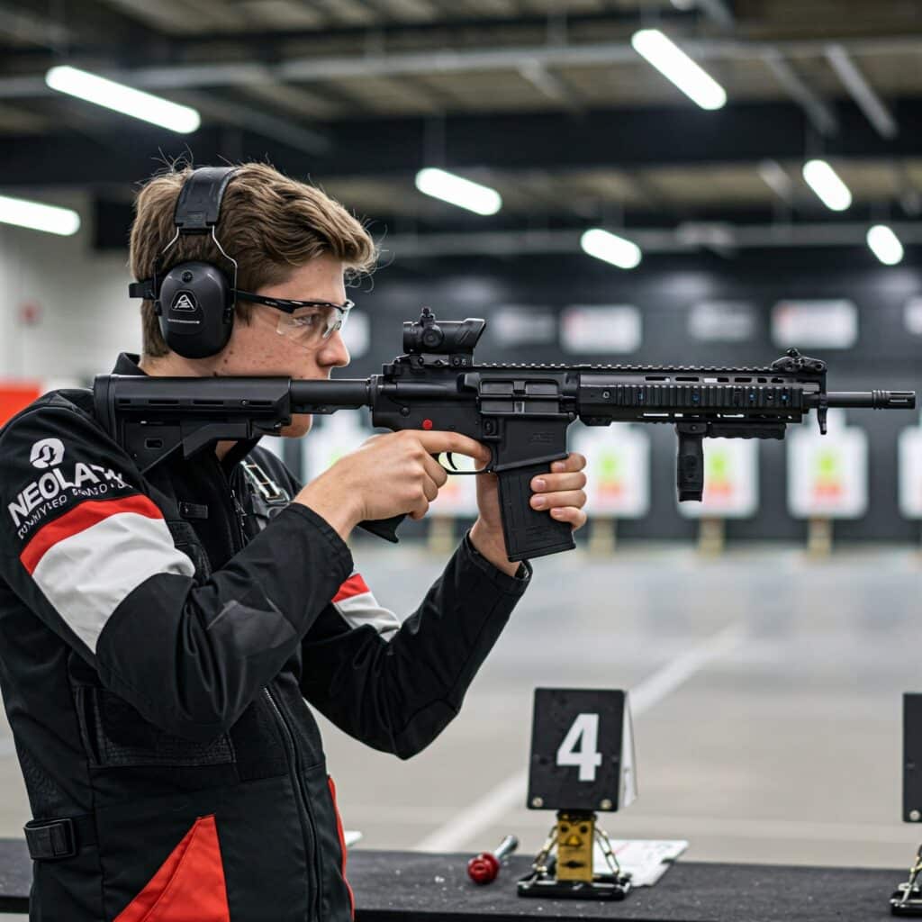 Person at indoor shooting range aiming rifle in shooting stance, wearing protective gear.