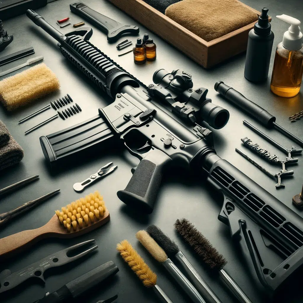 AR-15 rifle with cleaning tools and supplies for maintenance guide.