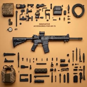 AR-15 rifle with tactical accessories and components displayed.