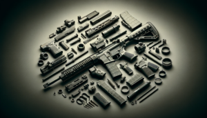 AR-15 rifle and accessories artistically arranged in a circular pattern.