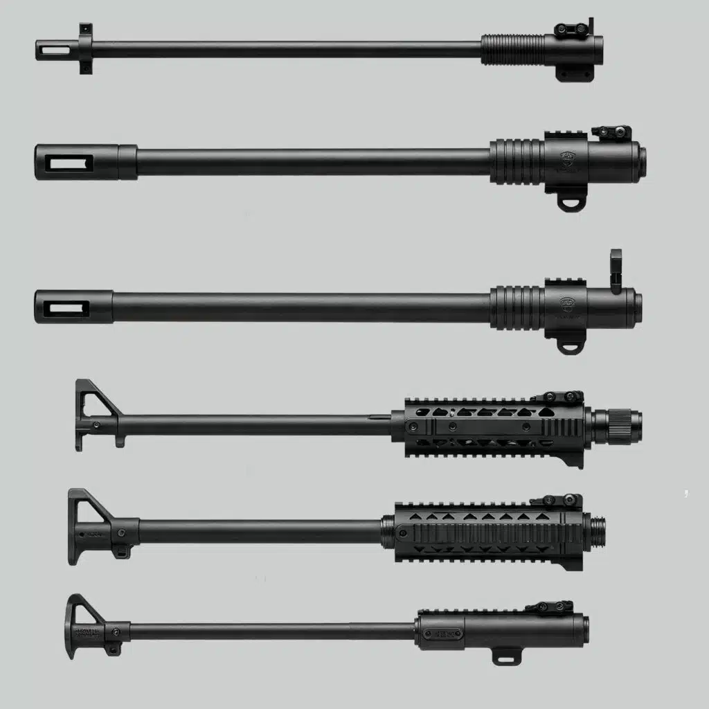 Military-style rifle barrels with varied configurations and tactical features displayed on a gray background.
