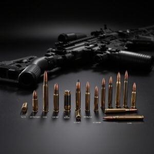 Assorted bullets displayed by size with labeled calibers and a blurred rifle background.